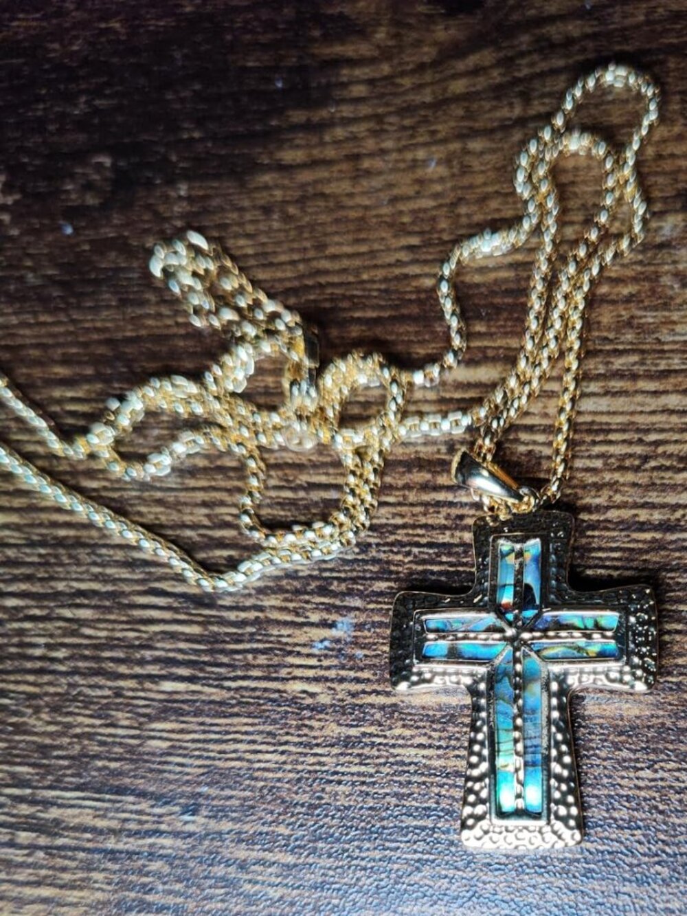 Women Green Abalone Shell Gold Plated Lobster Clasp Cross Necklace